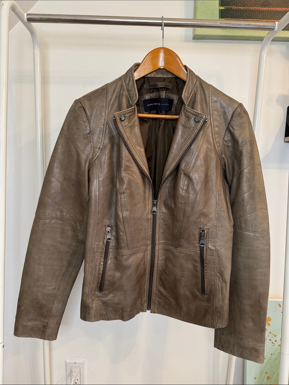 Andrew Marc Dark Grey Leather Zip Front Jacket size L